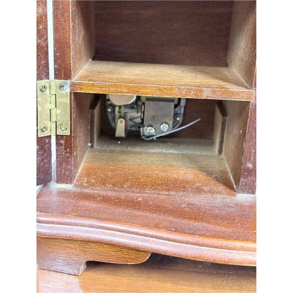 Vintage 3 Drawer Wooden Glass Doors Musical Jewelry Box, It’s a Small World
